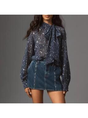 NWT Anthropologie Organza Navy Celestial Tie-Neck Blouse size Small